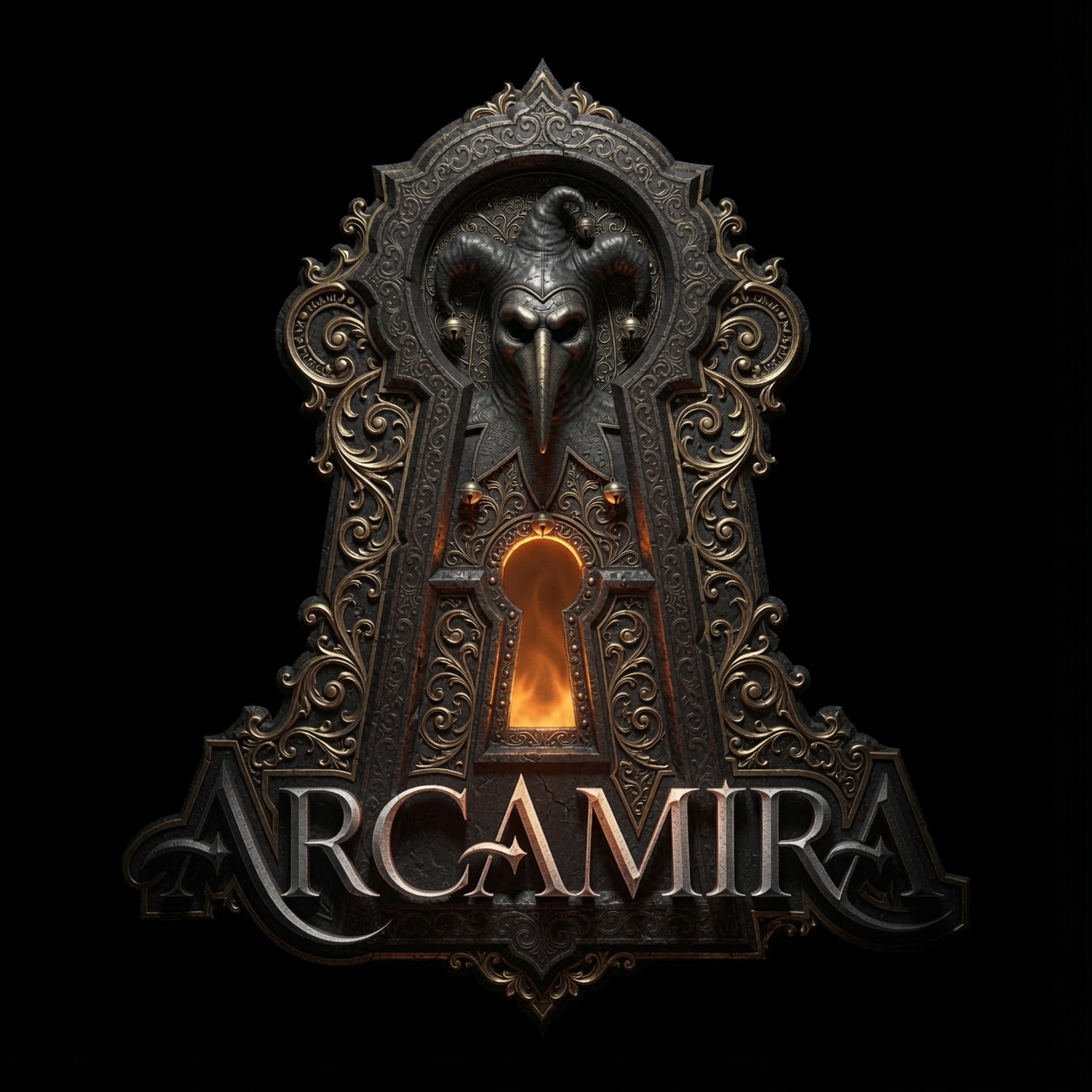 The Arcamira emblem: an ornate keyhole, lit from within.